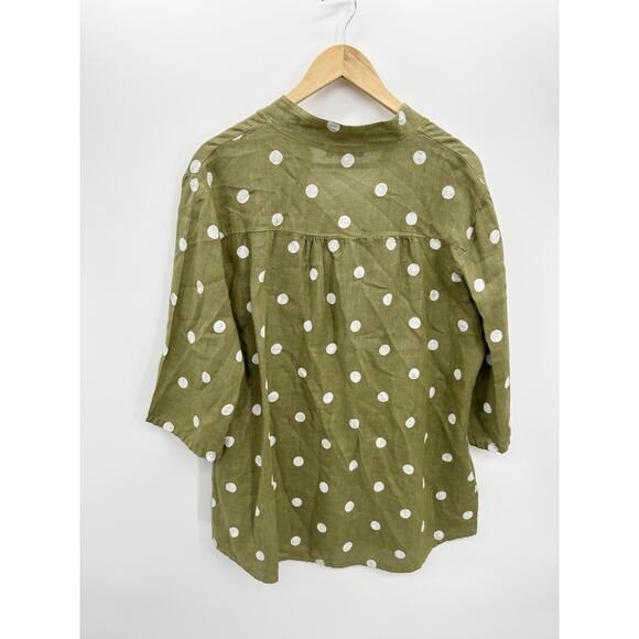 Lands Downunder Tunic Women Medium Green Polka Dot Linen Italy 3/4 Sleeve - Picture 2 of 7
